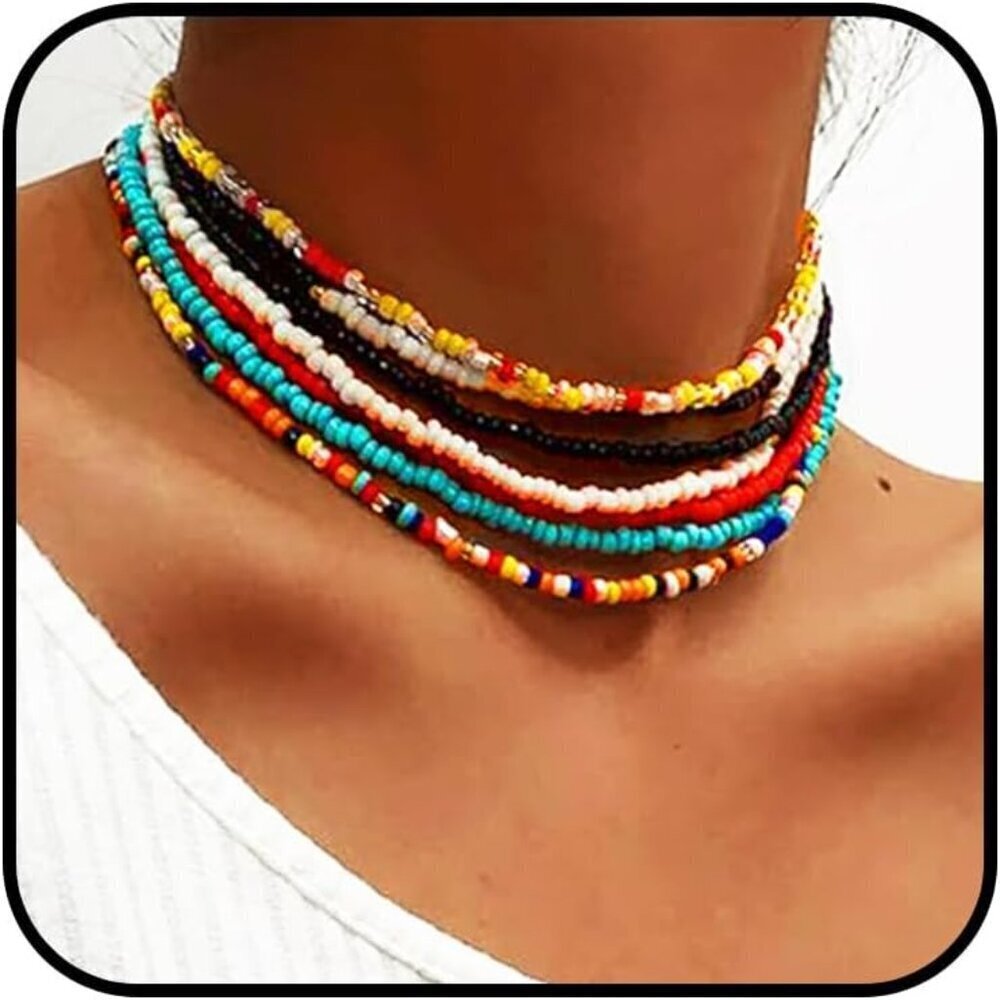 Boho Beaded Necklace Set 7PCS Colorful Layered Chokers Adjustable Women